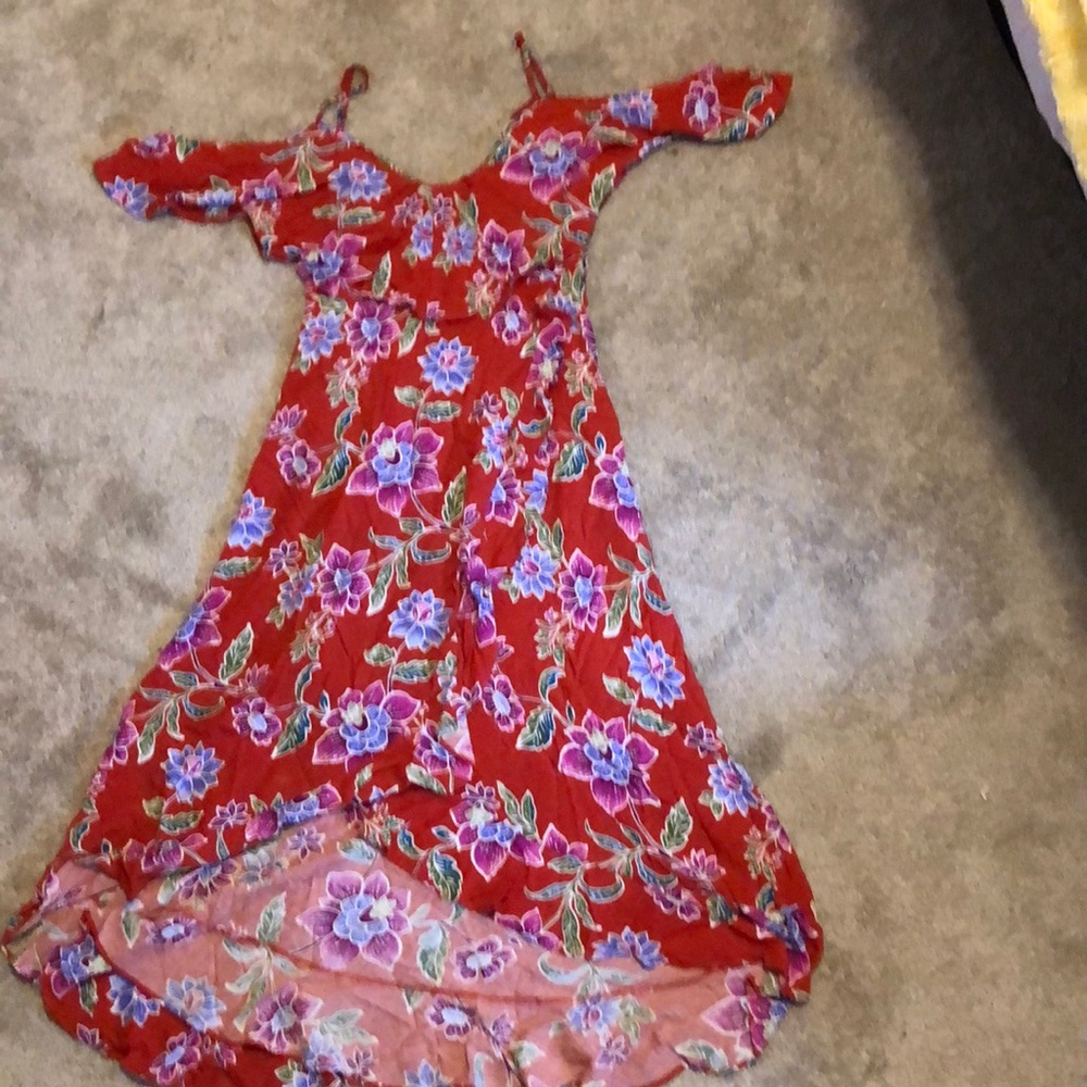 open shoulder red floral dress